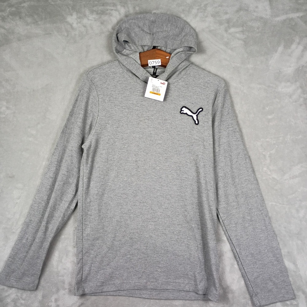 Puma Hooded LS Tee Mens Small Gray Waffle Knit Lightweight Pullover Hoodie